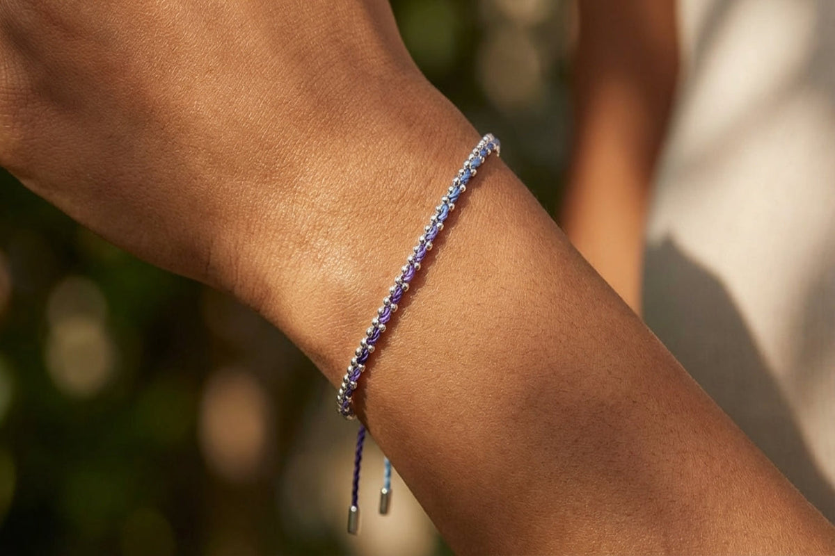 Braid Midnight Silver Woven Bracelet close-up on model's wrist