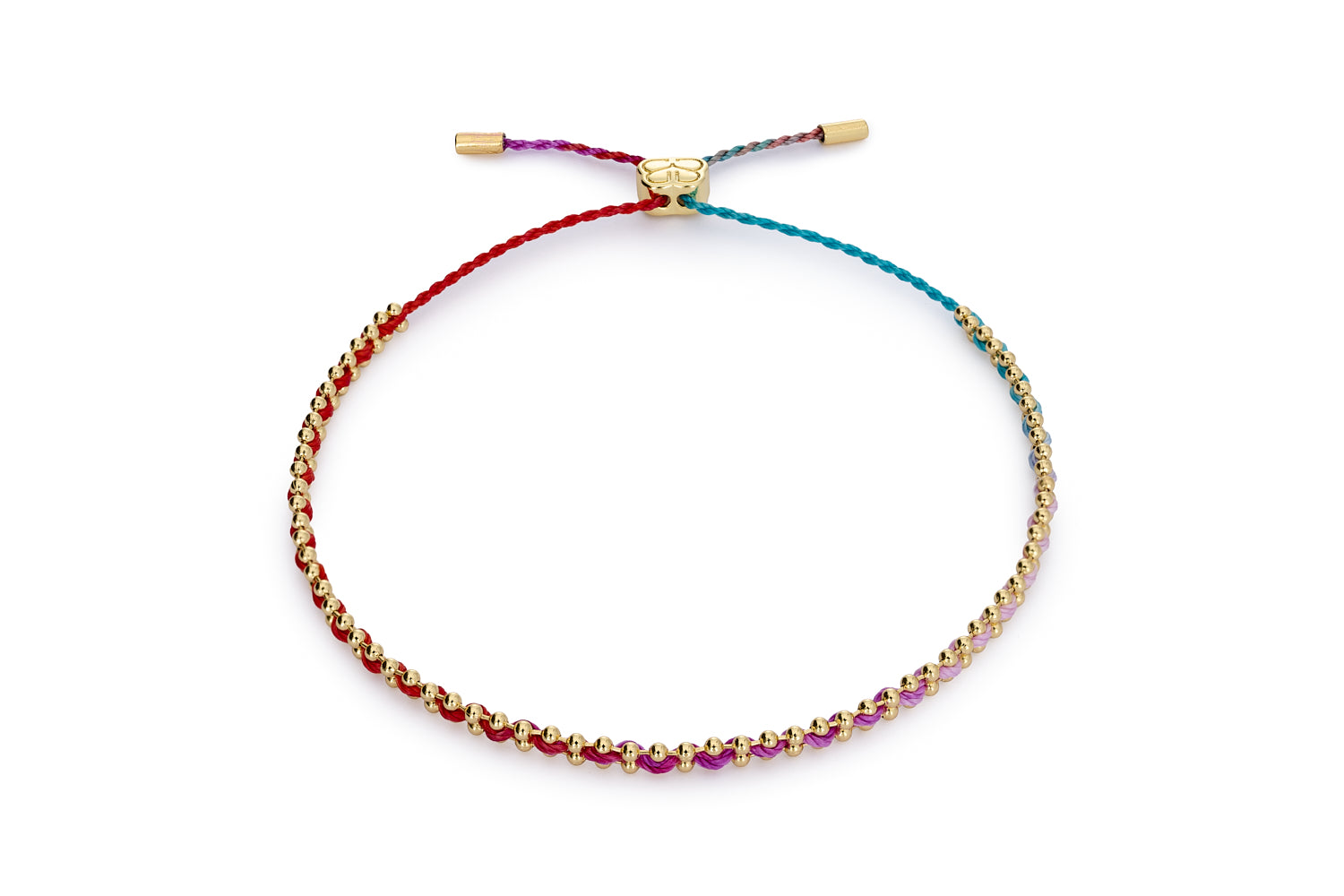 Red, magenta, and teal woven bracelet with 12k gold-plated chain and adjustable slider clasp