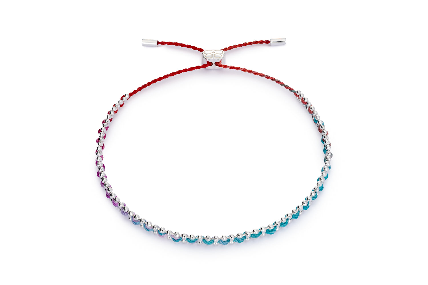 Red, pink, and teal woven bracelet with silver-plated chain and adjustable slider clasp