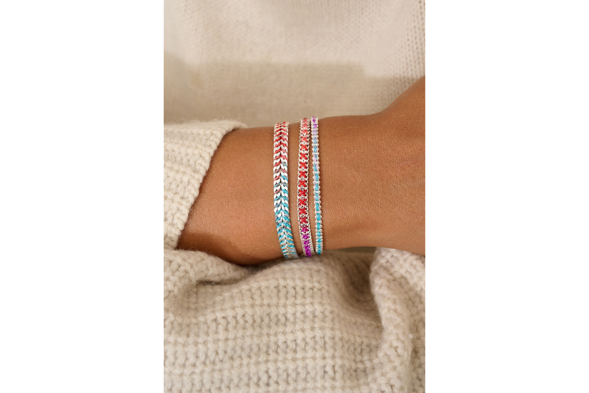 Braid Moroccan Spice Silver Woven Bracelet featured on stacked wrist
