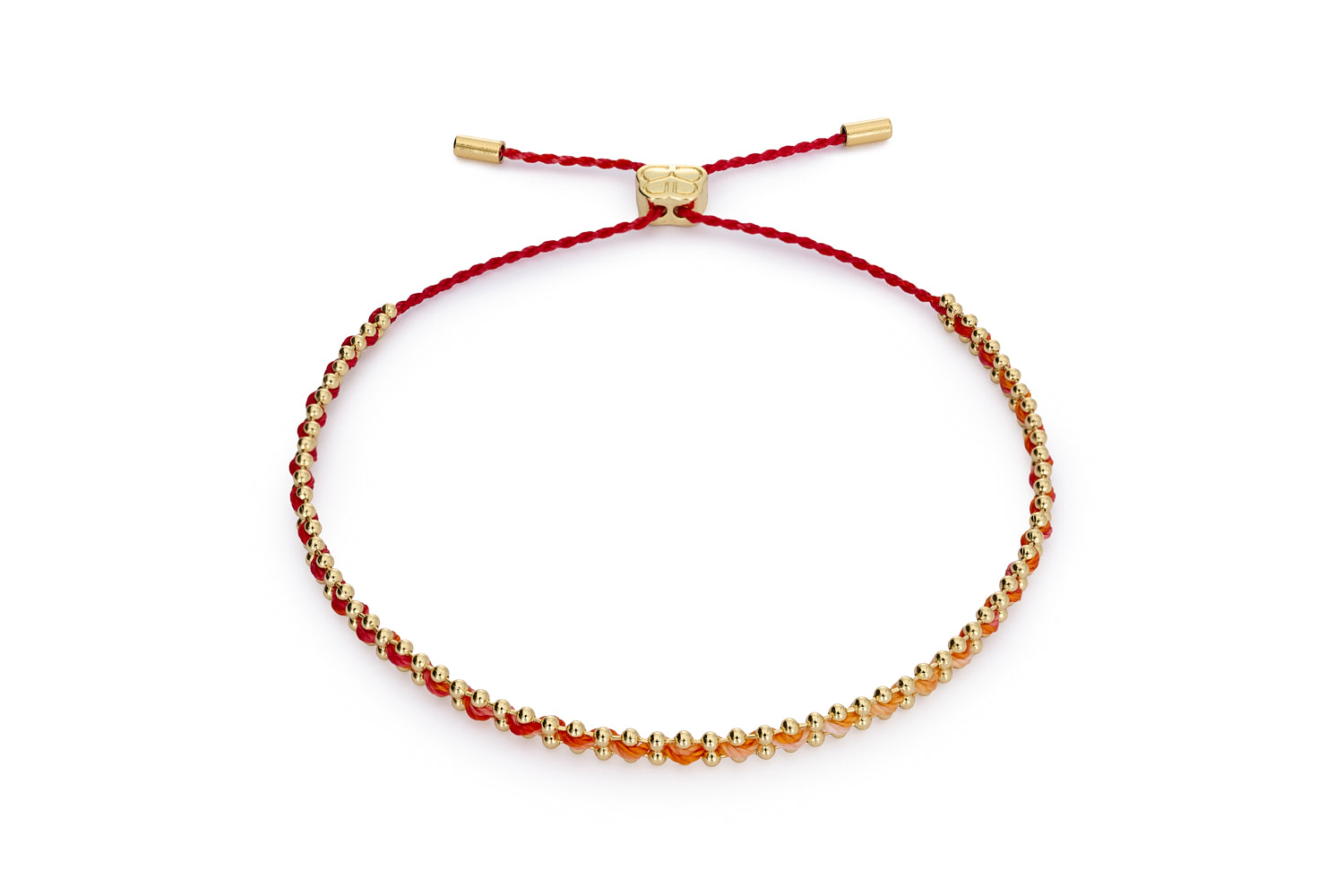 Red and orange woven bracelet with 12k gold-plated chain and adjustable slider clasp