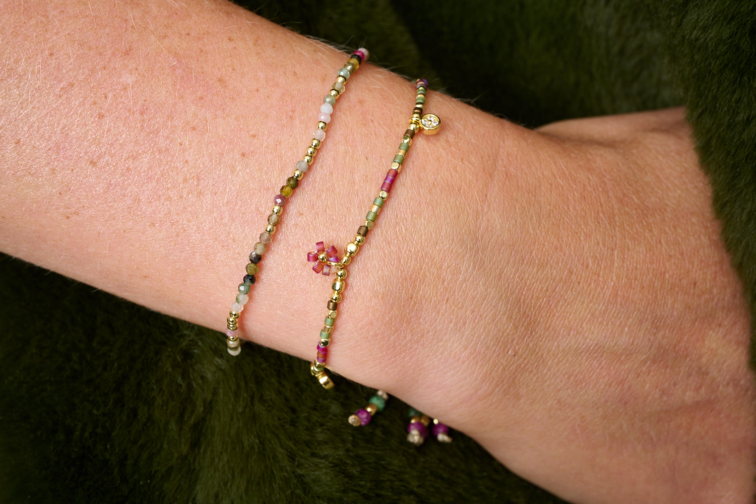 Cabra Gold & Ruby Zoisite Bead Bracelet Stack featured on wrist with Boho Betty stacking bracelets