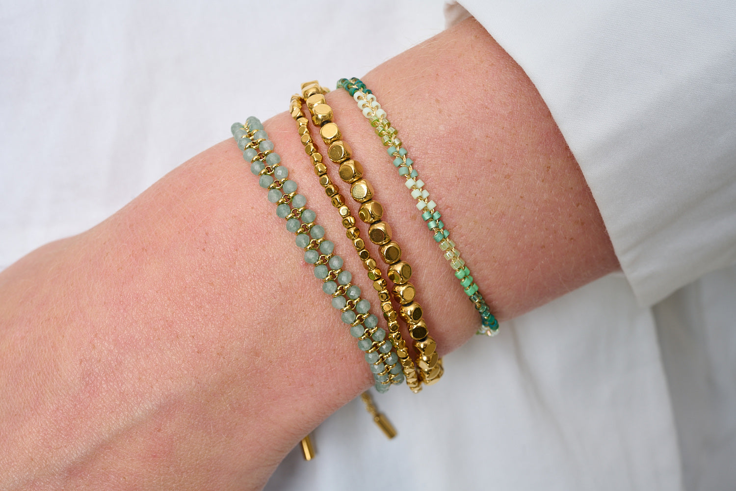 Calero Green Aventurine & Gold Bracelet Stack featured on wrist with Boho Betty stacking bracelets