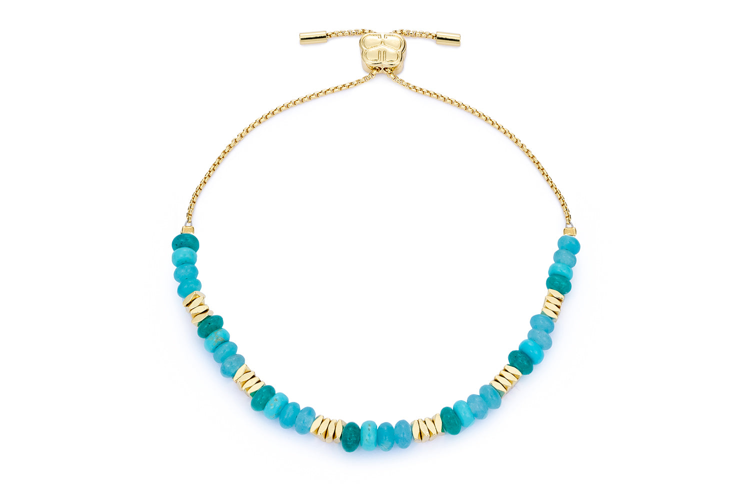 Carmine Gold, Turquoise Howlite & Jade Bracelet featuring vibrant turquoise and jade beads, with 12k gold-plated accents and an adjustable slider fastening.