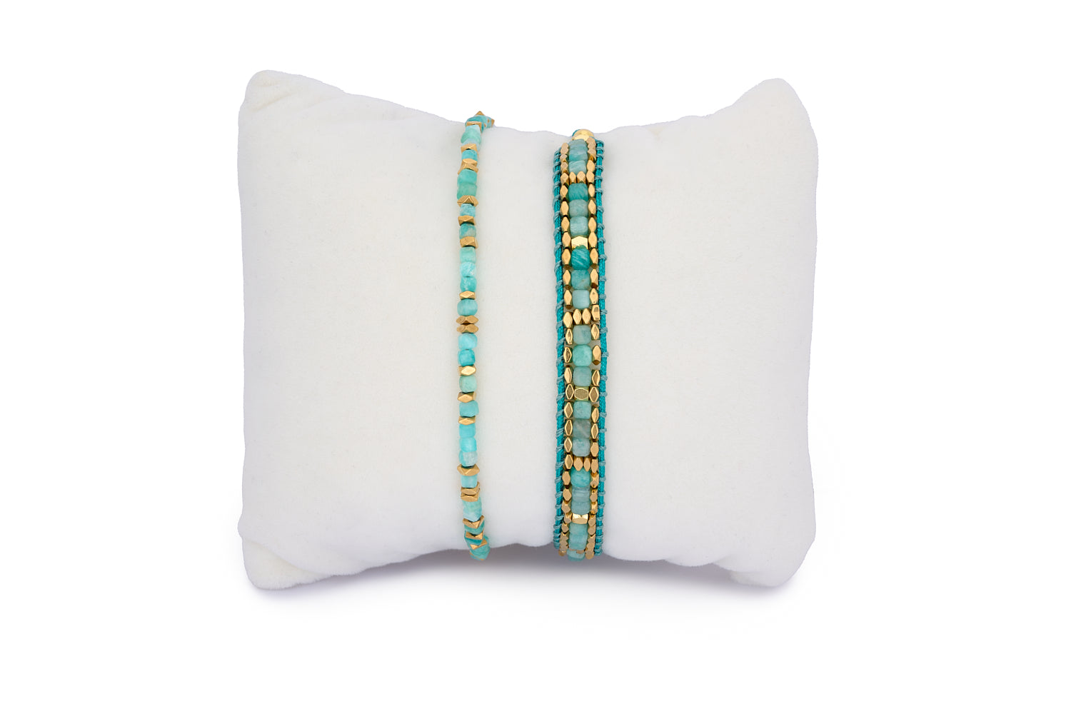 Celeste Amazonite & Gold Bracelet Stack featuring two gold beaded bracelets with polished Amazonite gemstones and adjustable slider fastenings.