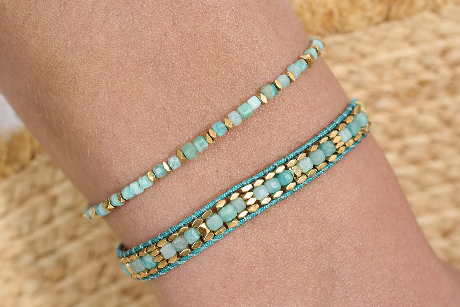 Celeste Amazonite Gold Bracelet Stack styled for a serene, coastal-inspired look with calming turquoise hues and warm gold accents.