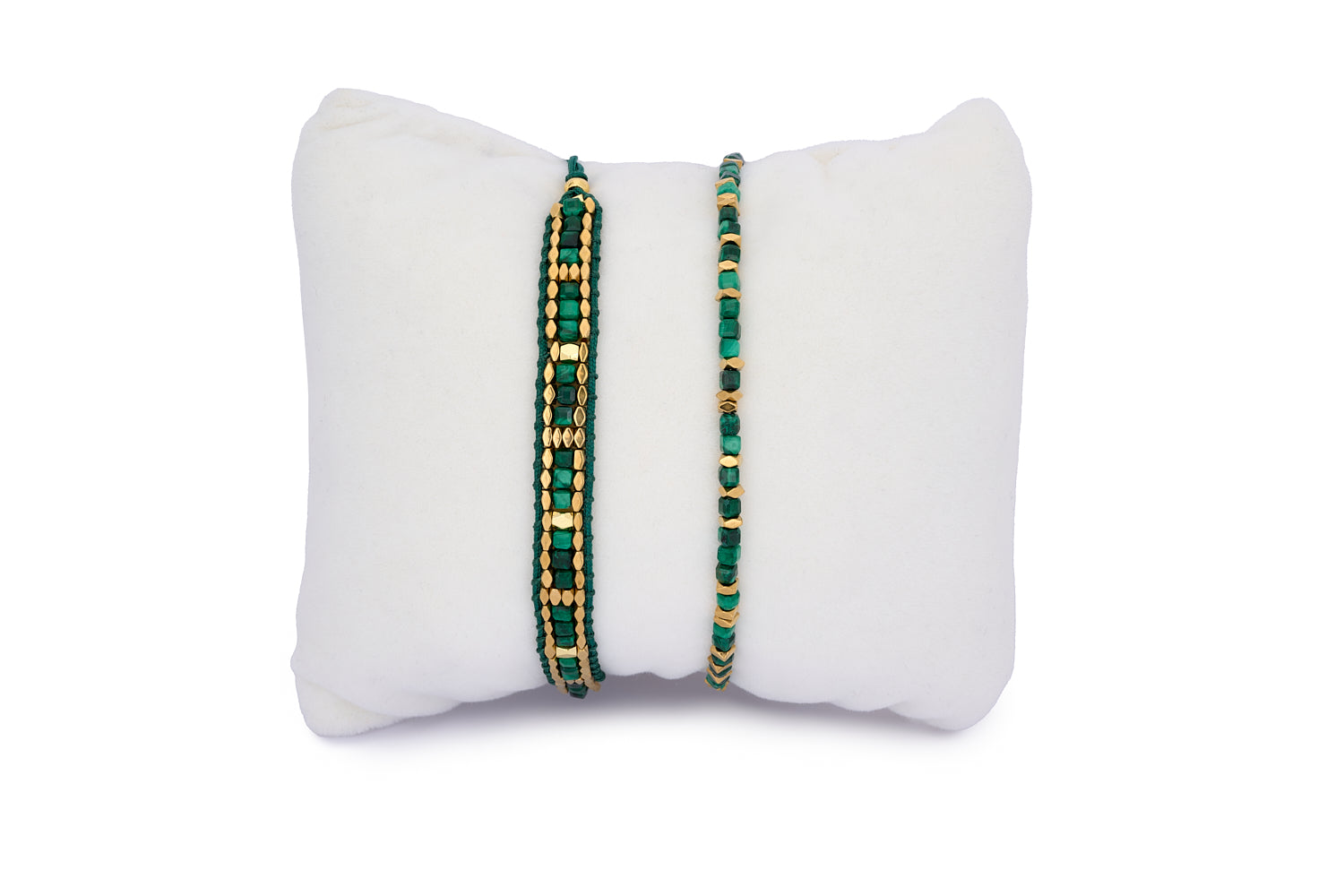 Celeste Malachite & Gold Bracelet Stack featuring two green gemstone bracelets with gold-plated accents, designed for grounding energy and stylish stacking.