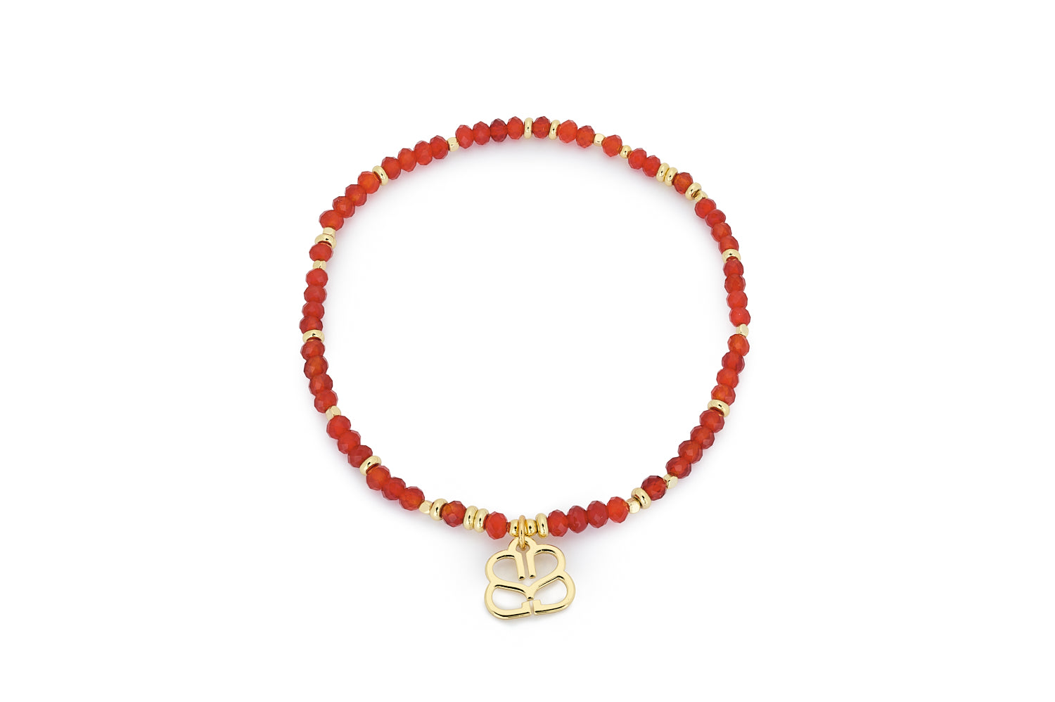 Dash Red Agate Gold Gemstone Bracelet featuring faceted red agate beads, warm gold accents, and Boho Betty’s signature charm with a stretch-fit design.