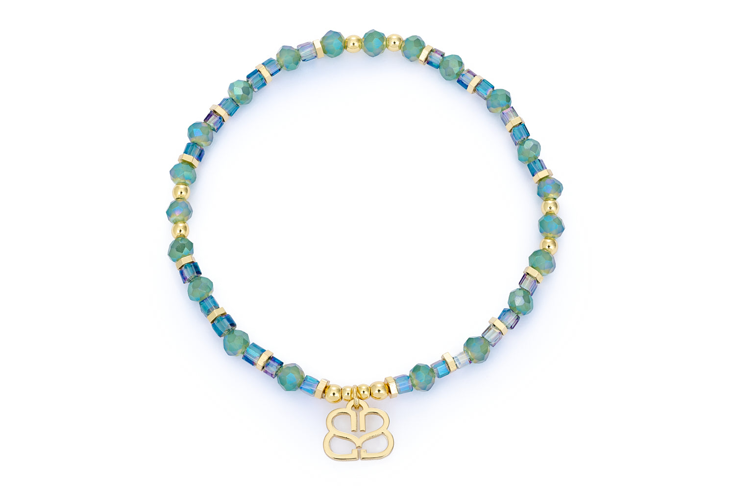 Dawn Gold & Green Crystal Bead Bracelet featuring faceted green and iridescent blue beads, complemented by 12k gold-plated brass accents in a stretch-fit design.