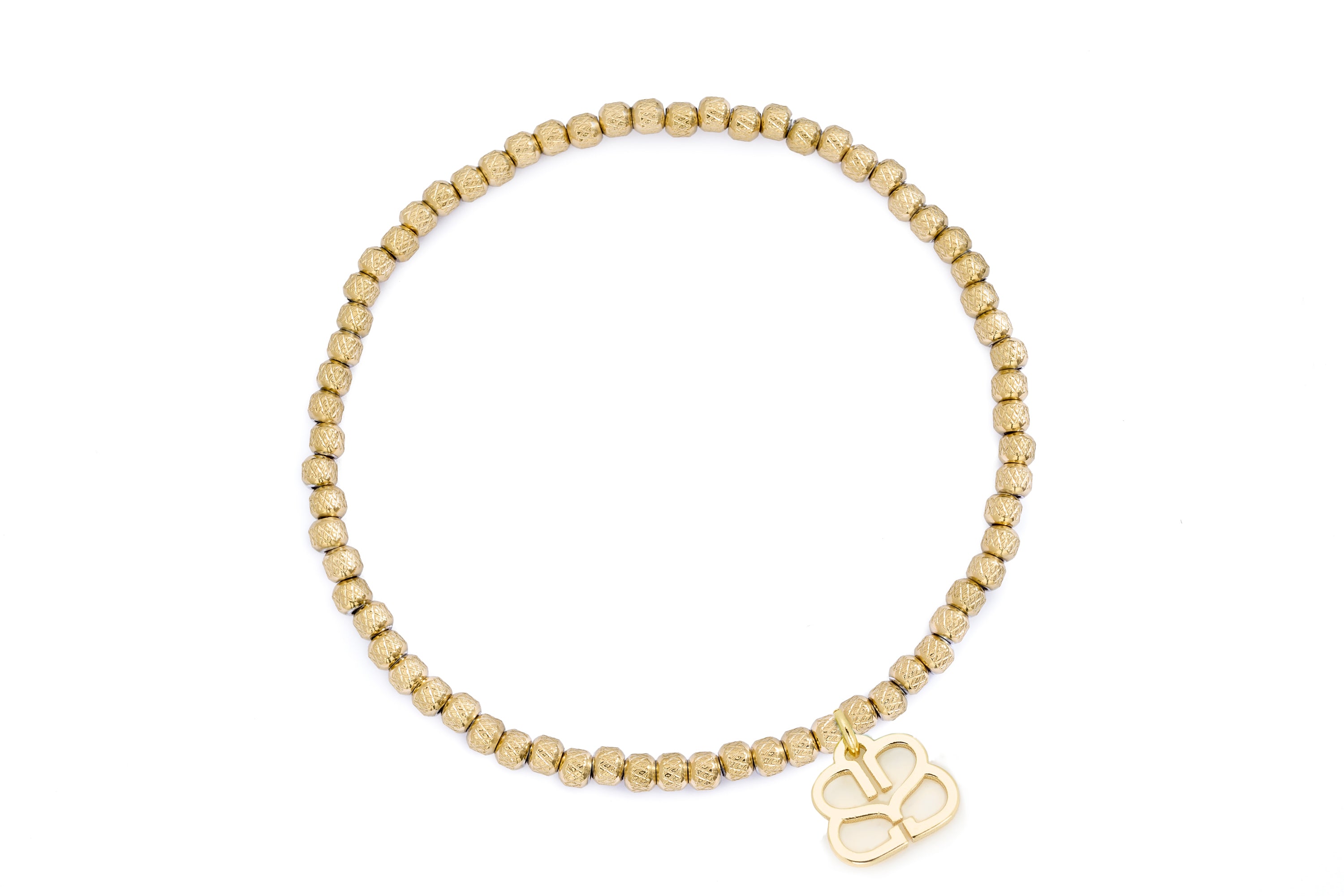 Eleanor Gold Bead Stretch Bracelet featuring softly textured gold beads, Boho Betty’s signature filigree charm, and an 18cm stretch design for effortless stacking and easy, everyday wear.