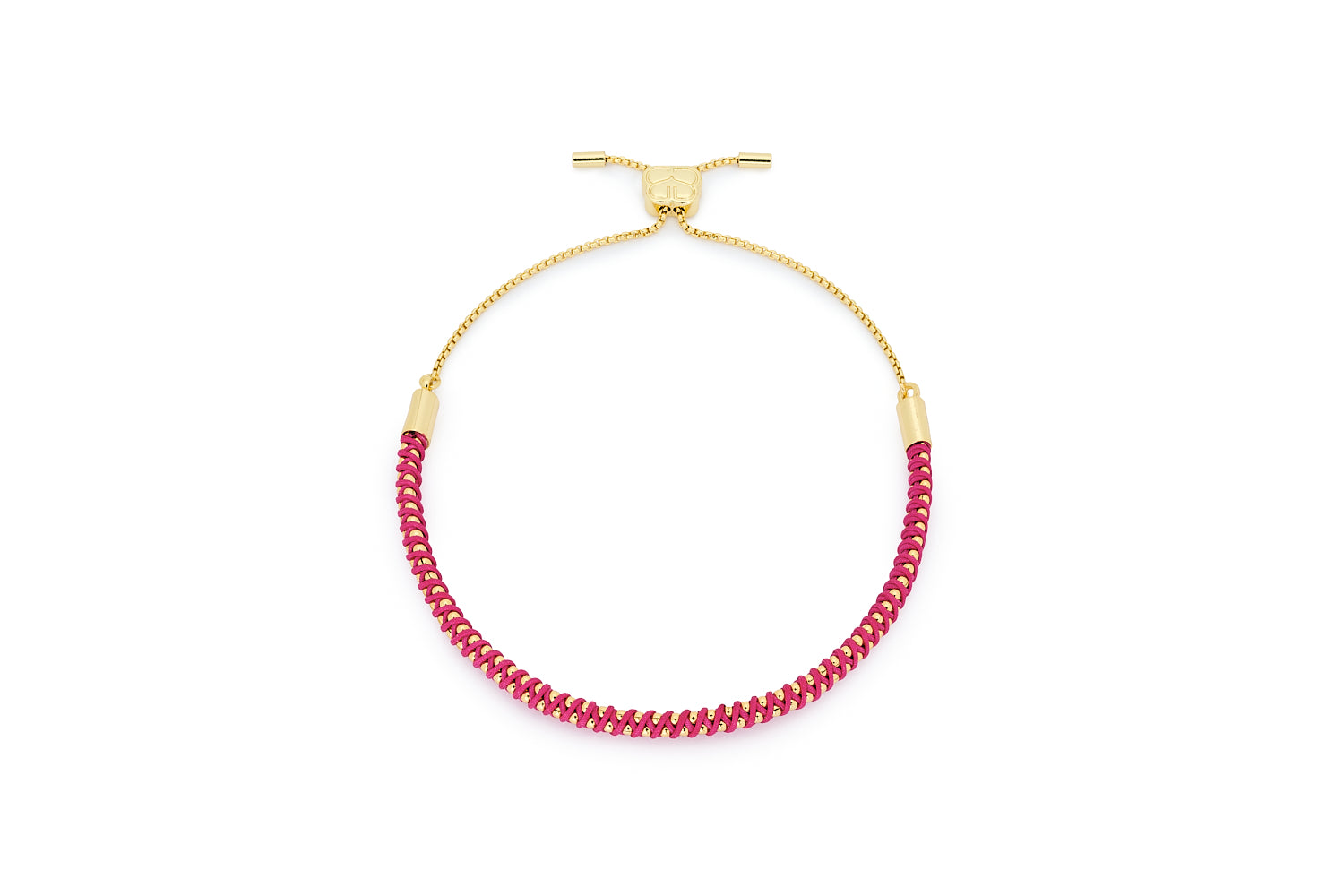 Emelia Raspberry Gold Braided Bracelet styled on a wrist, showcasing its vibrant raspberry hue, gold details, and a playful boho aesthetic, perfect for stacking or wearing solo.