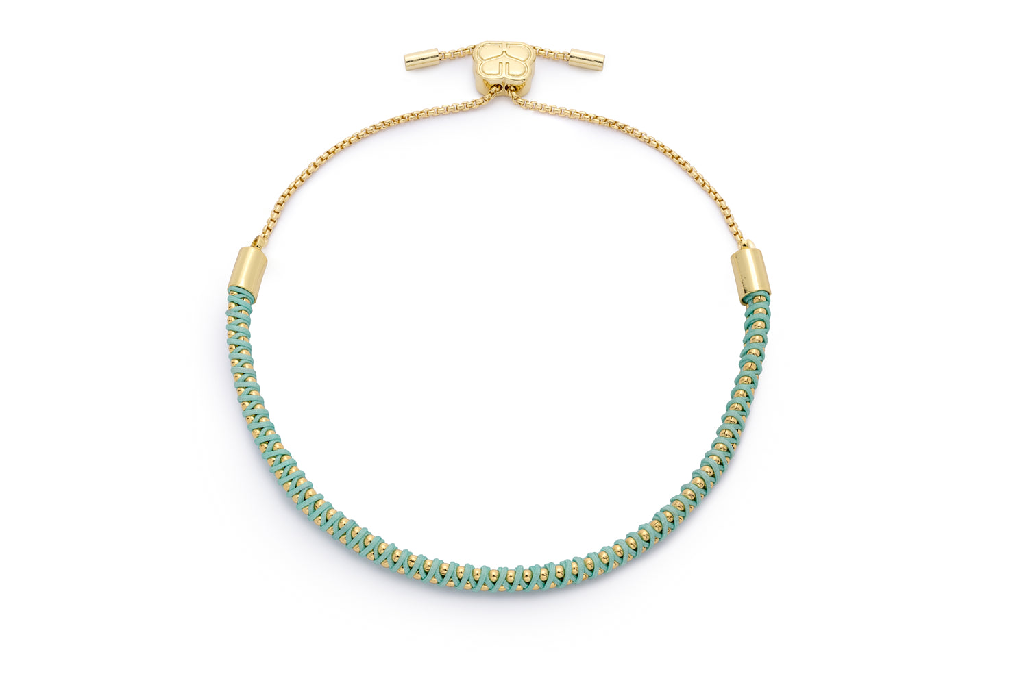 Emelia Turquoise & Gold Braided Bracelet featuring a minty turquoise woven cord and delicate gold chain with an adjustable slider fastening.