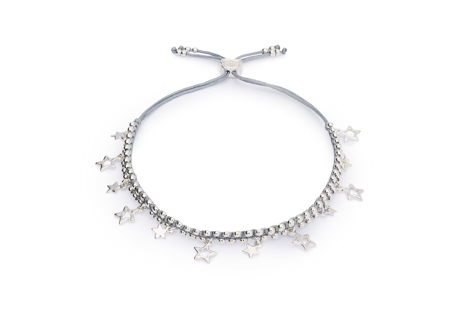 Estelle grey and silver star charm bracelet with grey cord and cut-out star details by Boho Betty