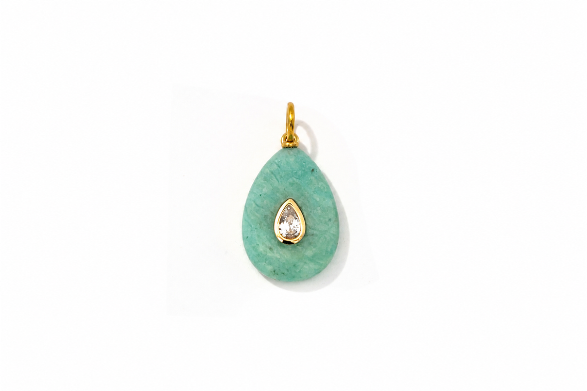 Fleur Amazonite Charm Gold featuring a carved amazonite gemstone with a sparkling crystal on a waterproof 14k gold PVD loop.