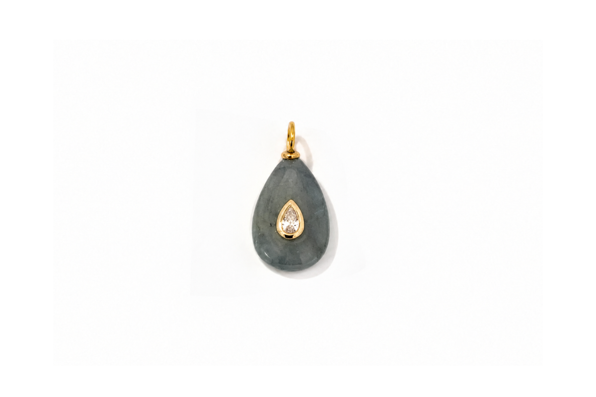 Fleurette labradorite teardrop gemstone charm in gold, a Boho Betty AW26 waterproof collectable charm