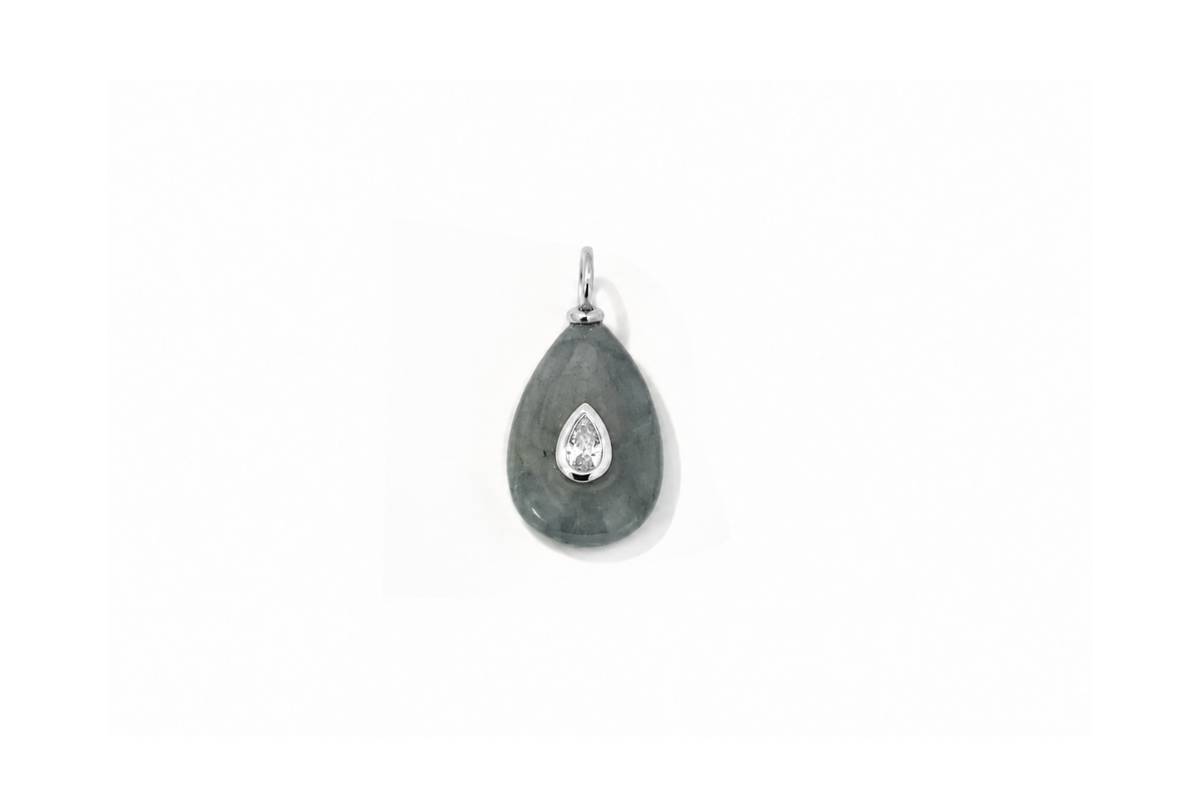 Fleurette labradorite teardrop gemstone charm in silver, a Boho Betty AW26 waterproof collectable charm