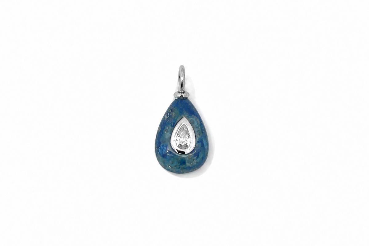 Fleurette lapis lazuli teardrop gemstone charm in silver, a Boho Betty AW26 waterproof collectable charm