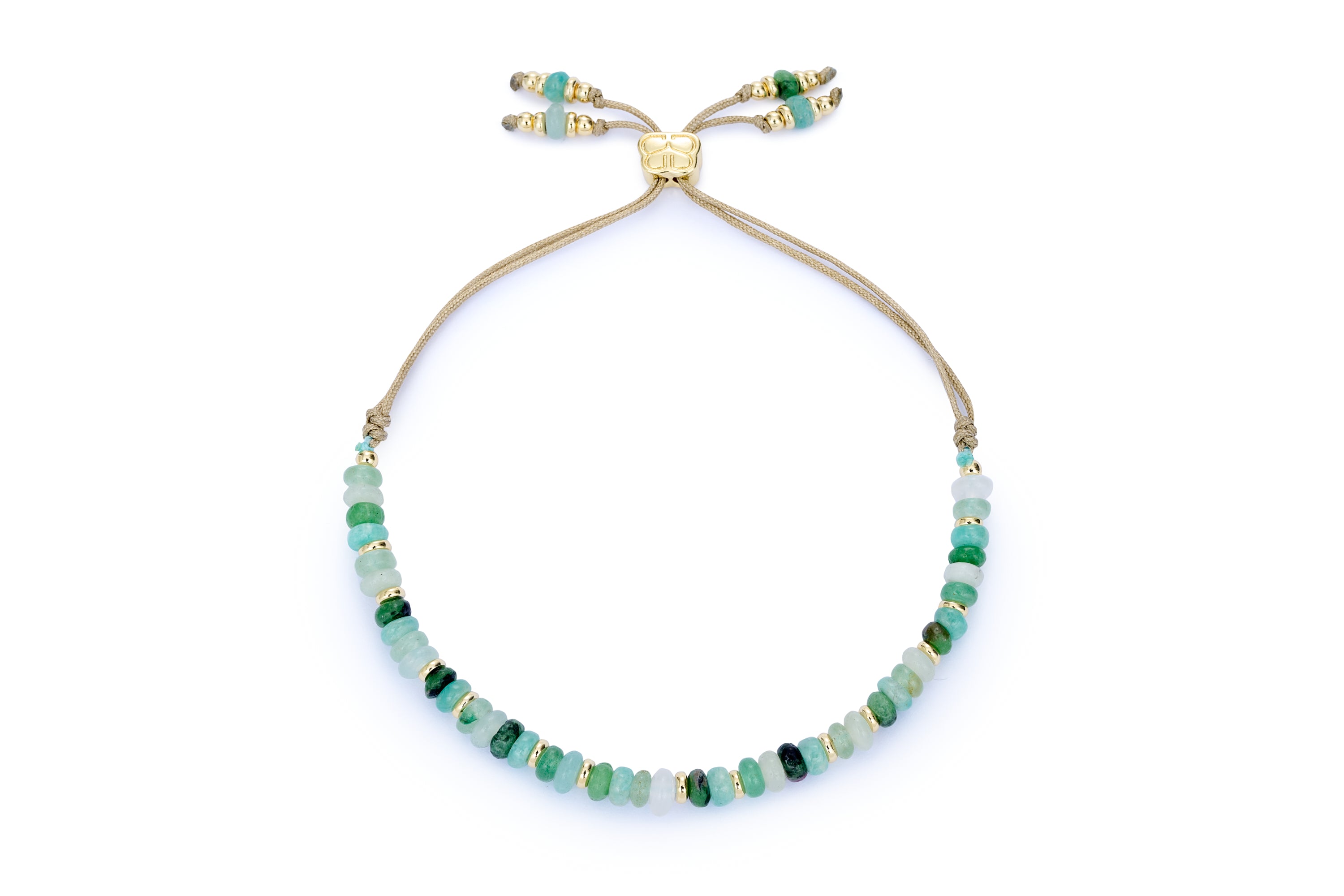 Frankie Amazonite Mix Gold Adjustable Bracelet featuring Amazonite, Green Aventurine, Ruby Zoisite, and White Jade gemstones with 12k gold-plated accents, perfect as a March birthstone bracelet.