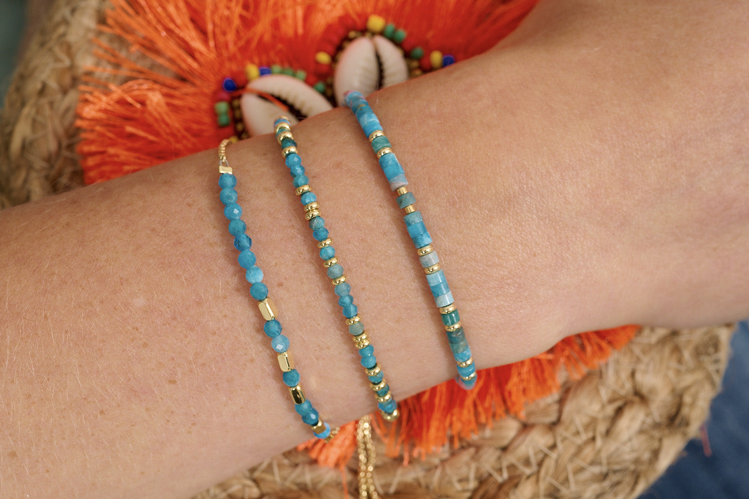 Gili Apatite & Gold Bracelet Stack styled with sunlit tones and beachy textures, perfect for layering with gold jewellery and uplifting everyday looks.