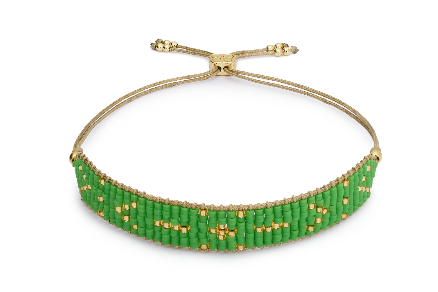 Grace green and gold beaded friendship bracelet with lime green miyuki beads and signature charm