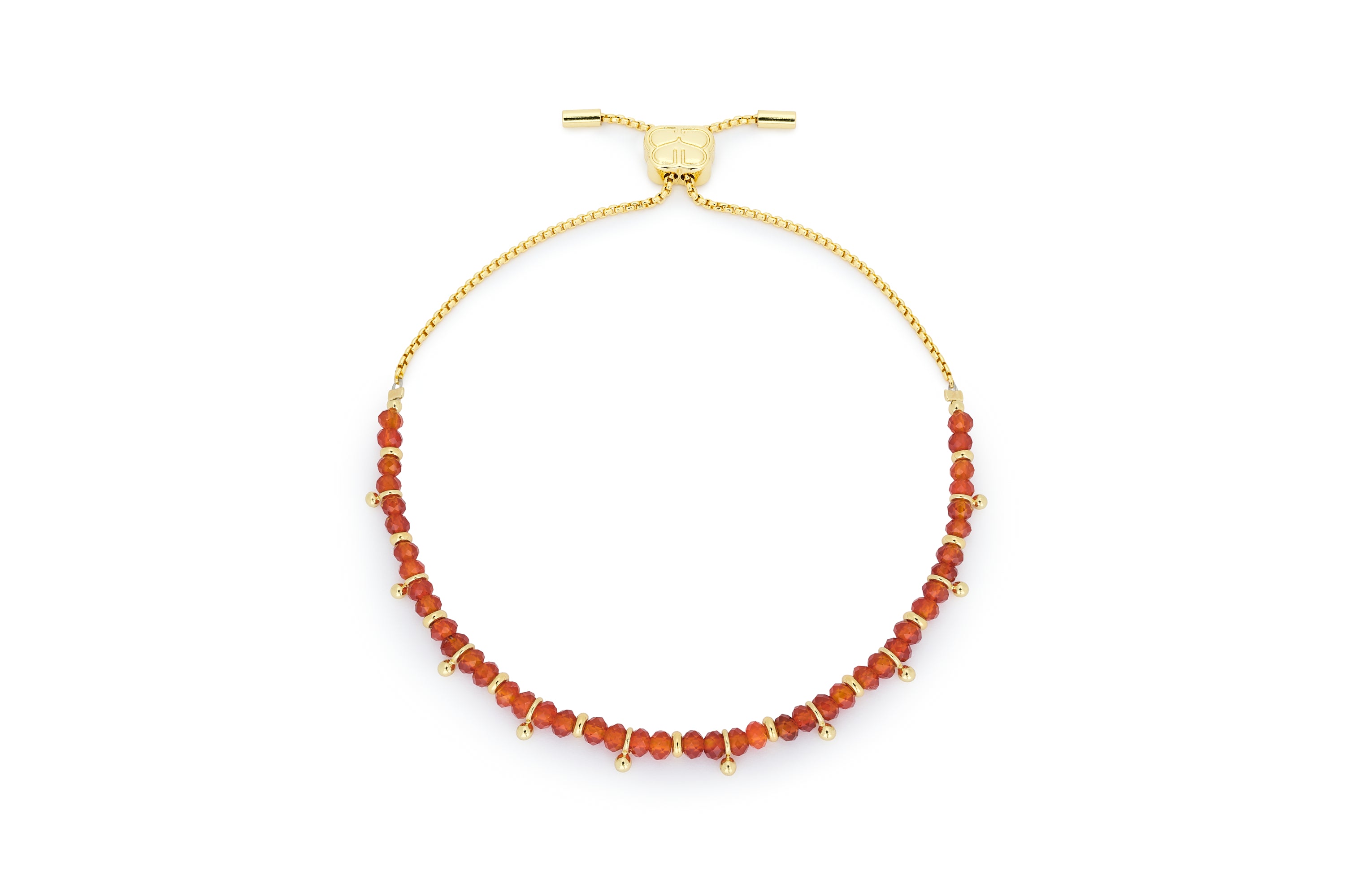 Harmony Gold & Red Agate Gemstone Bracelet featuring faceted red agate beads, shimmering golden aura beads, and an adjustable chain slider fastening.
