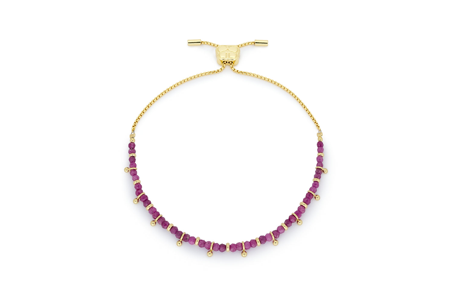 Harmony Ruby Gold Bracelet featuring faceted ruby gemstone beads, golden aura beads, and an adjustable chain slider fastening for a comfortable fit.