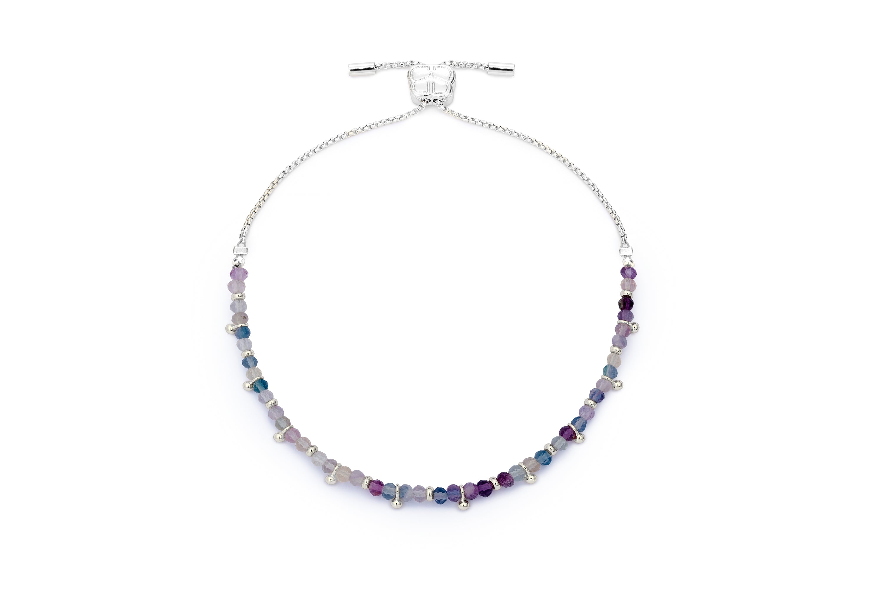 Harmony Silver & Rainbow Fluorite Gemstone Bracelet featuring soft lilac, deep violet, and ocean blue fluorite beads with sleek silver-plated accents and an adjustable slider fastening.
Harmony Silver & Rainbow Fluorite Gemstone Bracelet featuring soft lilac, deep violet, and ocean blue fluorite beads with sleek silver-plated accents and an adjustable slider fastening.