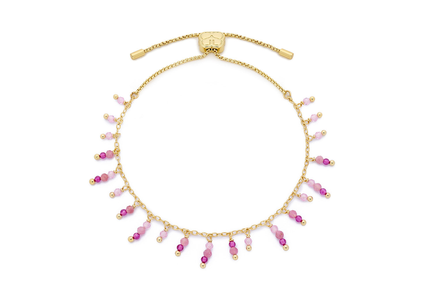 Heather Pink Tourmaline Mix Gold Beaded Charm Bracelet featuring delicate faceted pink tourmaline gemstones on a 12k gold-plated chain with an adjustable slider clasp.