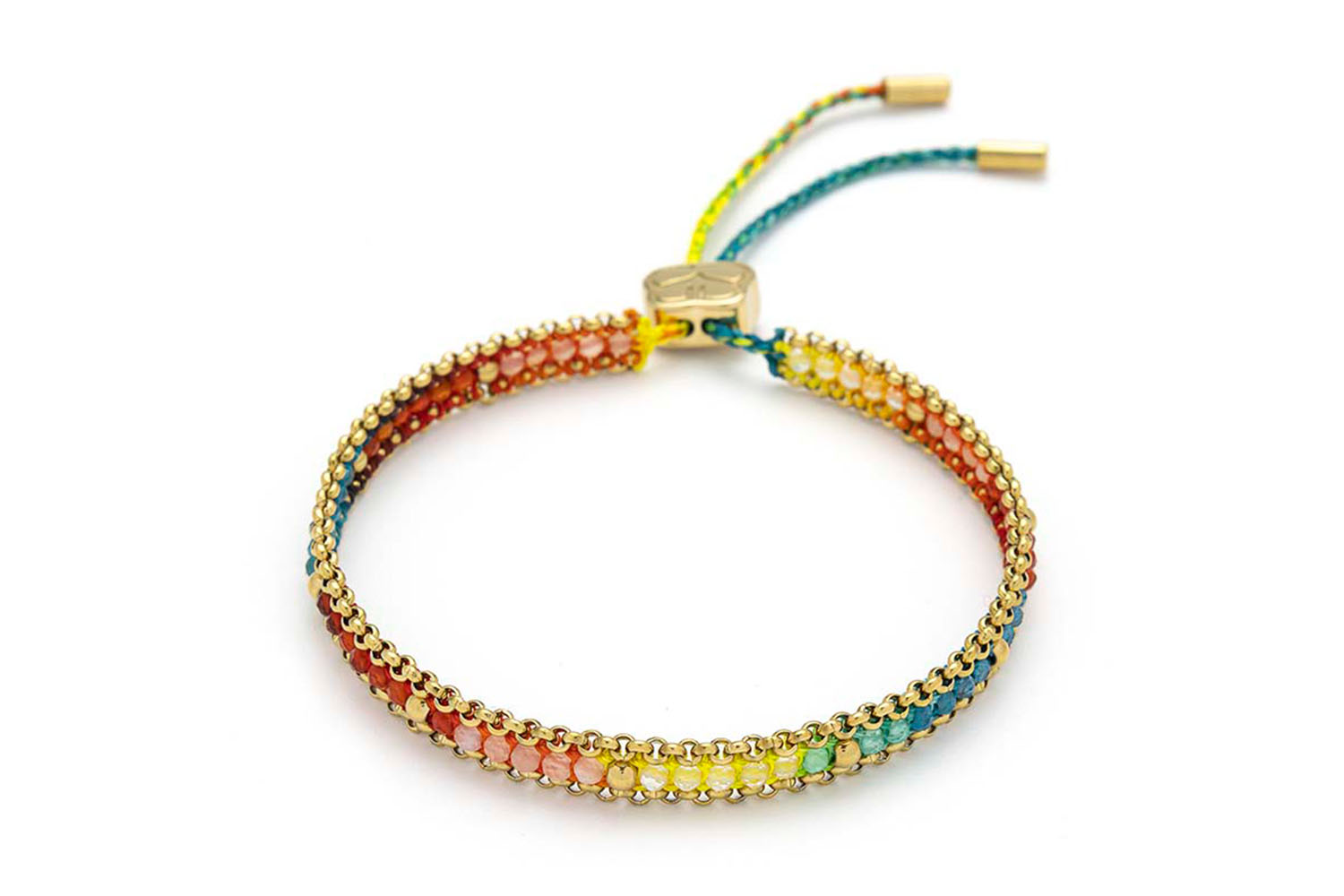 Helaine Gold & Rainbow Gemstone Friendship Bracelet featuring vibrant gemstones, 12k gold-plated accents, and an adjustable pull-tie slider for a custom fit and effortless stacking.