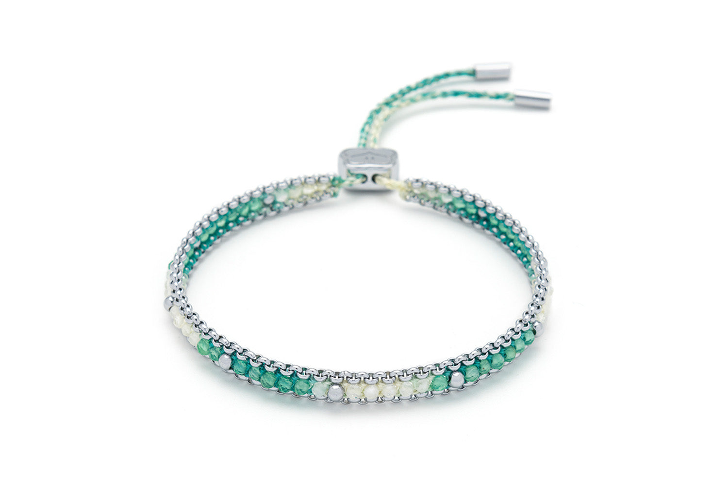 Helaine Turquoise & Silver Friendship Bracelet with green agate and crystal beads handwoven through a silver-plated chain for a calming, boho look.