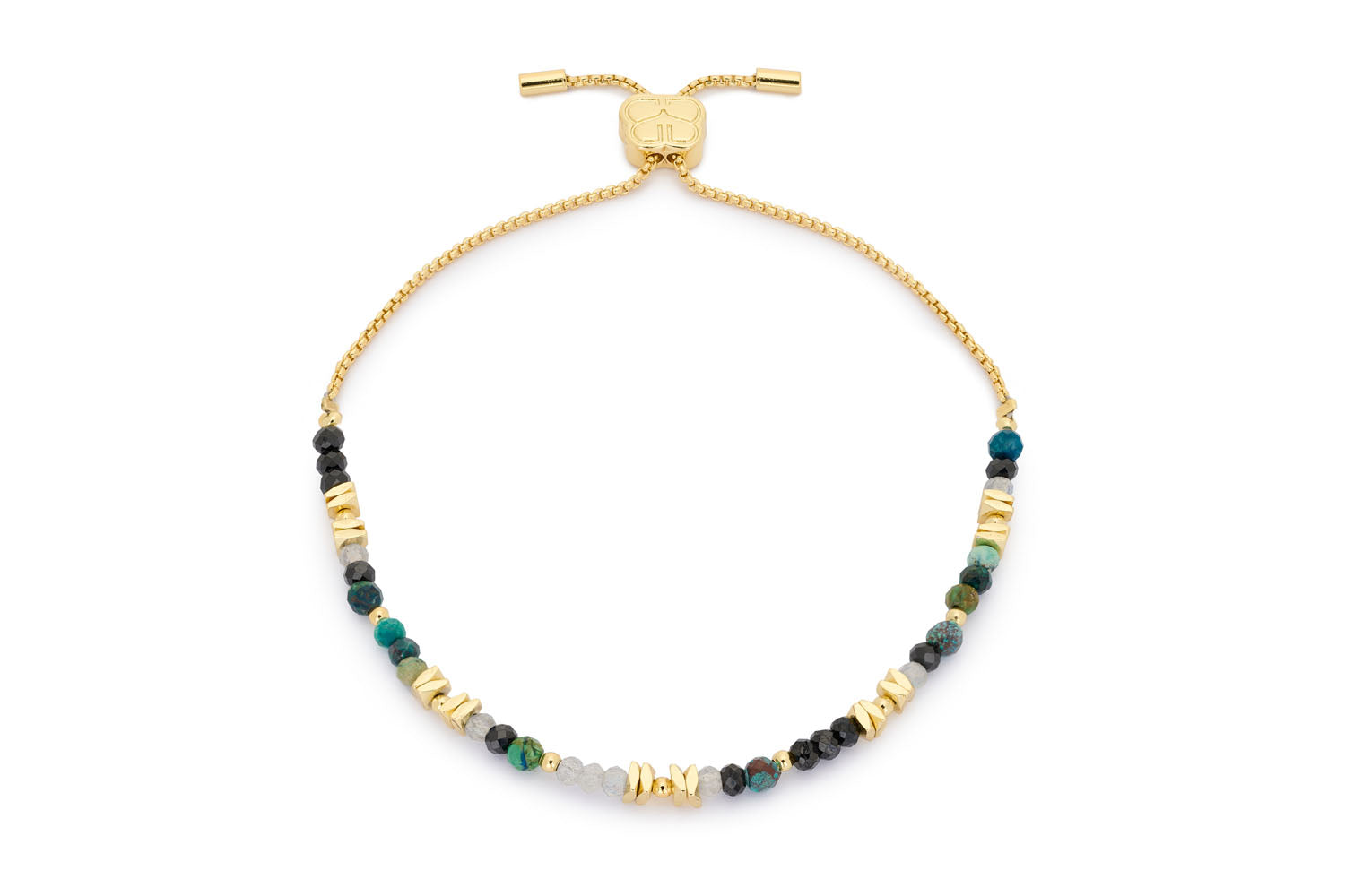 Iris Gold Azurite Gemstone Slider Bracelet with faceted blue azurite beads and 12k gold-plated adjustable chain