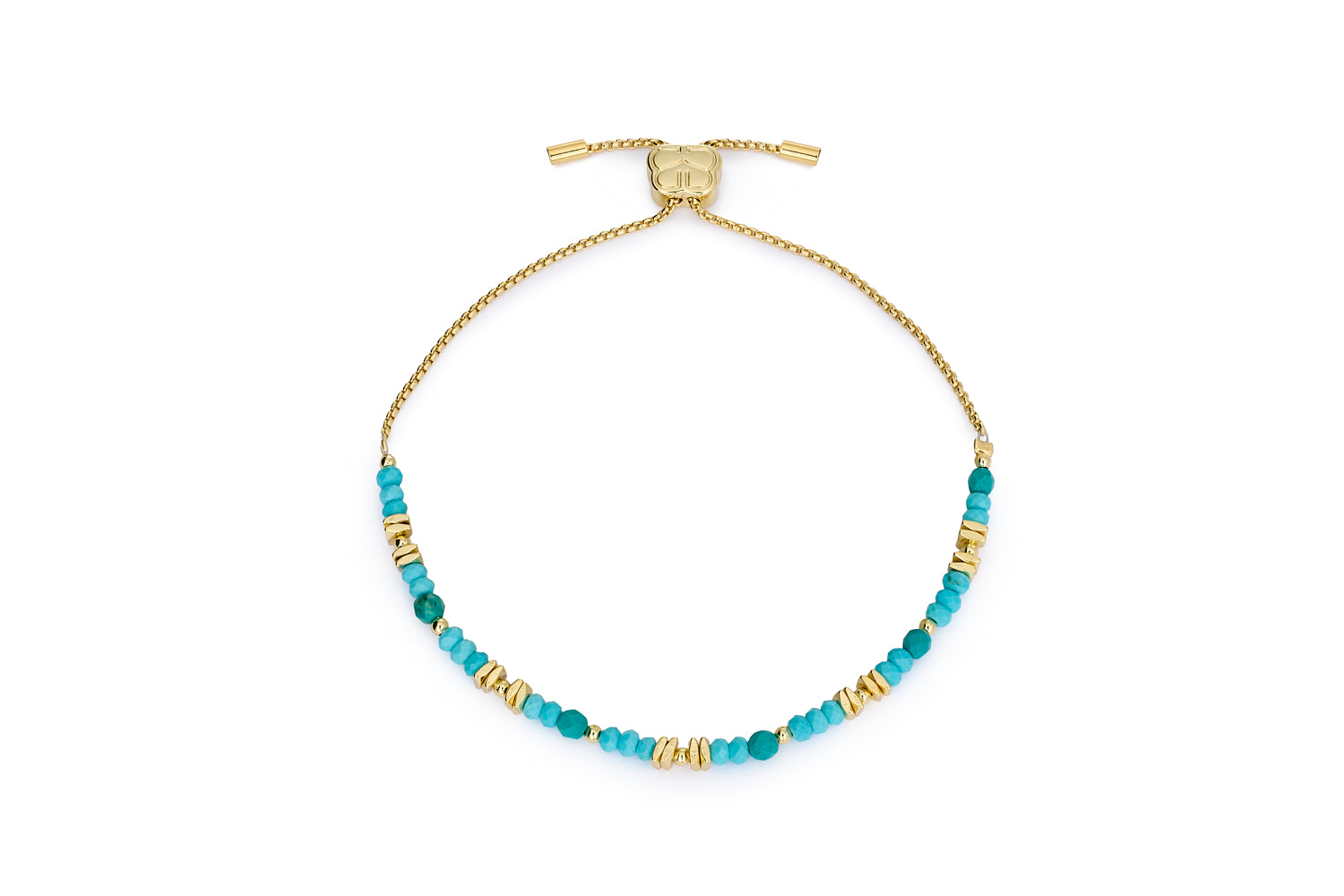 Iris gold turquoise howlite gemstone slider bracelet with faceted beads and gold chain