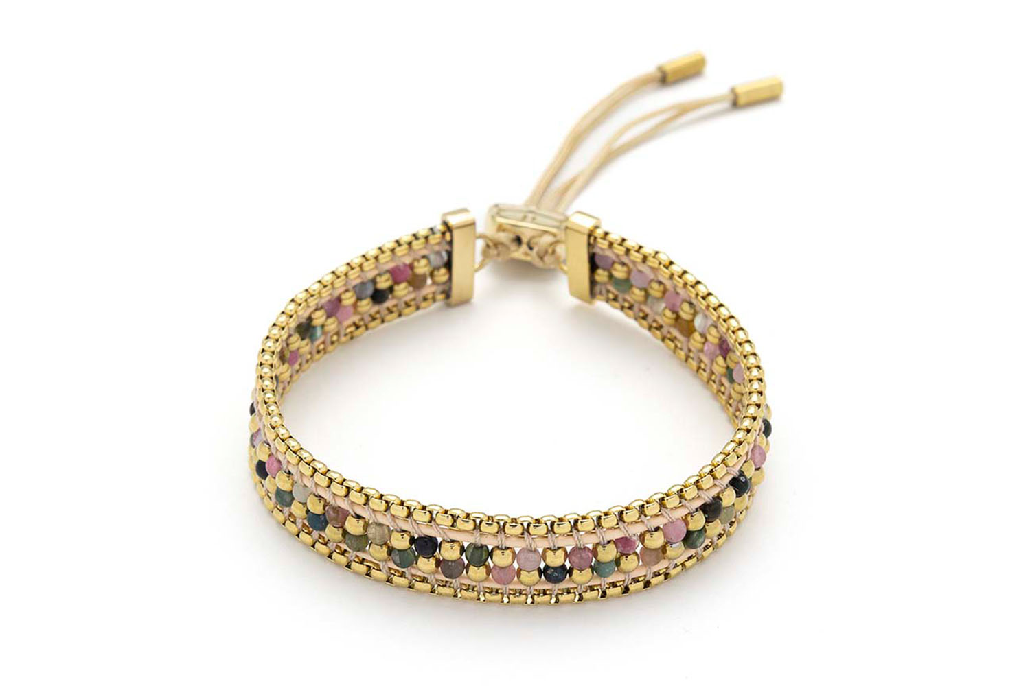 Isla Rainbow Tourmaline Gold Bracelet featuring natural rainbow tourmaline beads, 12k gold-plated chain, and adjustable slider fastening.