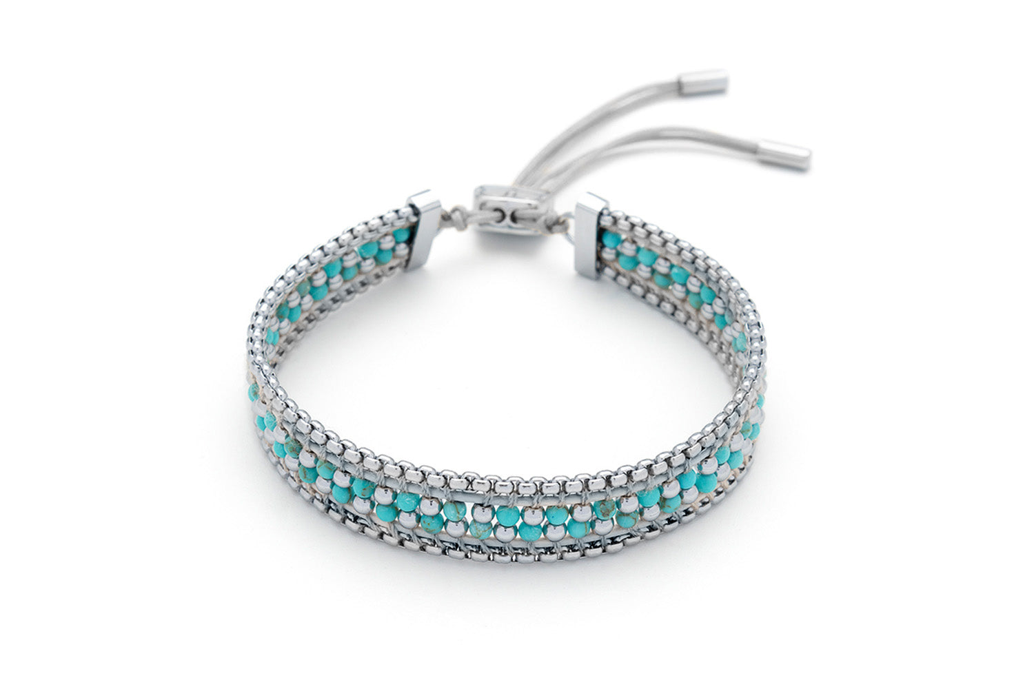 Isla Turquoise & Silver Beaded Bracelet featuring turquoise, white, and silver beads in a double-row stainless steel design with adjustable slider fastening.