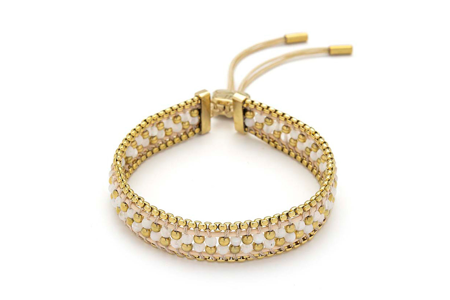 Isla White Moonstone Gold Bracelet featuring shimmering white moonstone beads, 12k gold-plated accents, and an adjustable woven design.