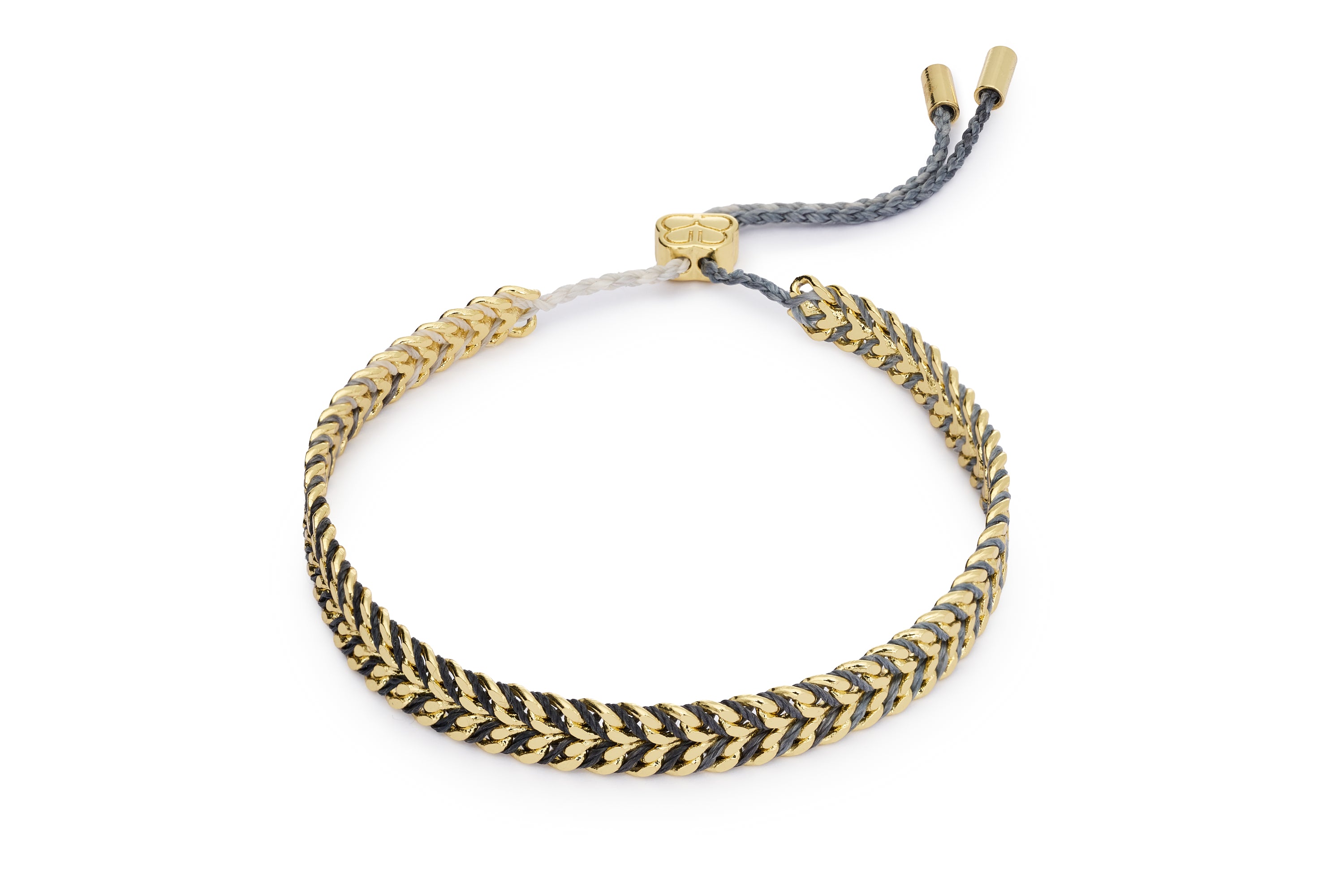 Iztac charcoal and gold braided friendship bracelet with 12k gold-plated brass chain and adjustable slider