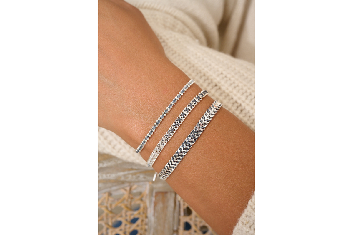 Iztac Charcoal & Silver braided bracelet styled with Boho Betty stacking bracelets