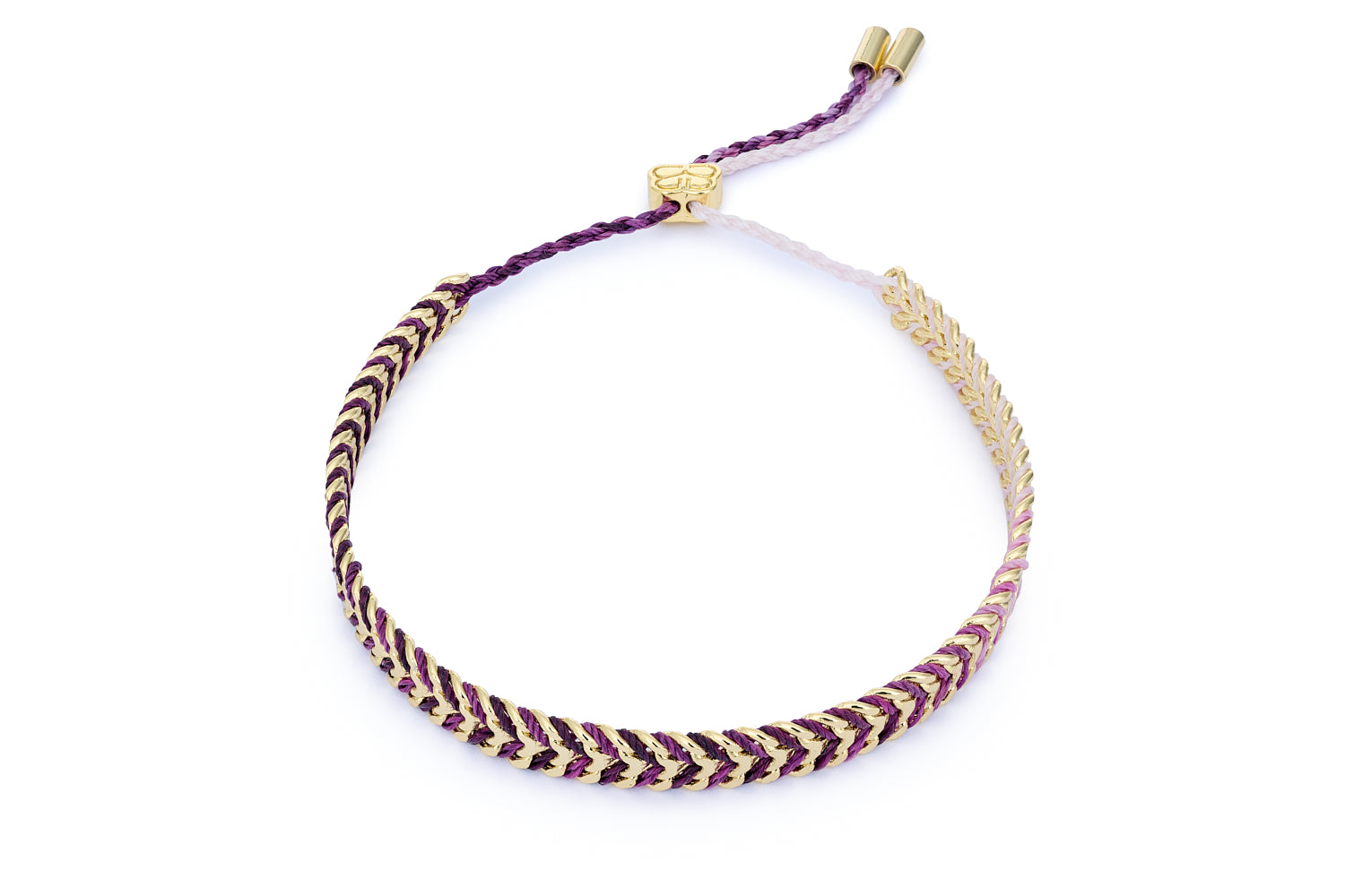 Iztac Gold & Purple Ombre Braided Bracelet featuring handwoven purple ombre threads, gold-plated chevron chain, and adjustable slider fastening.