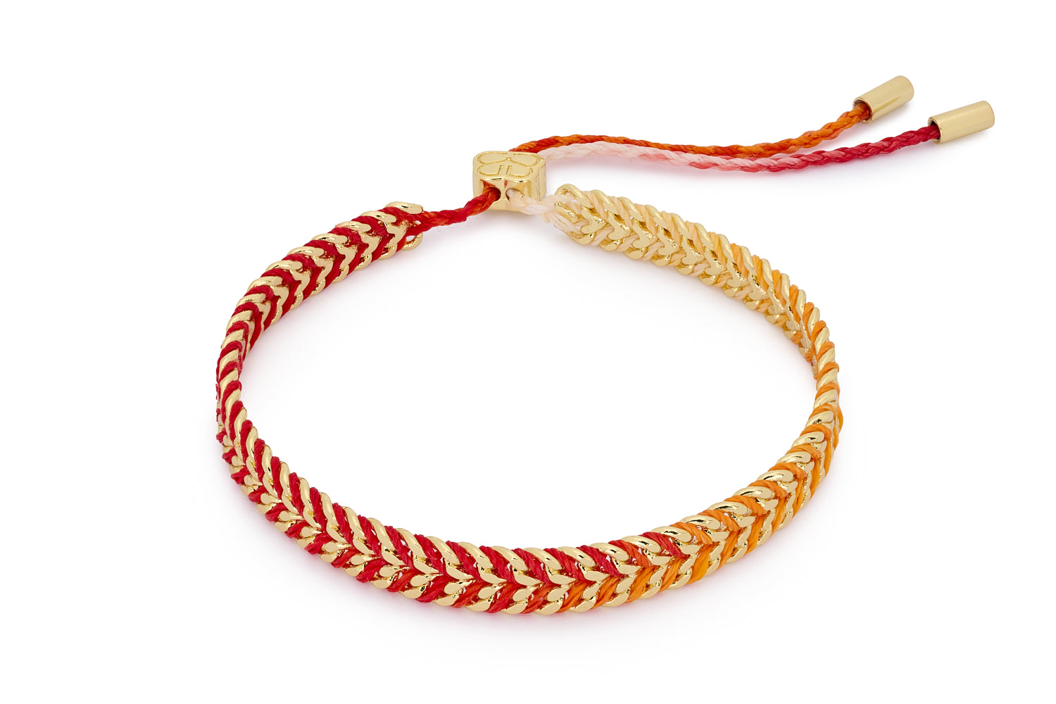 Iztac Gold Sunset Braided Friendship Bracelet featuring molten ombré threads, gold-plated chain accents, and an adjustable slider for a bold boho finish.