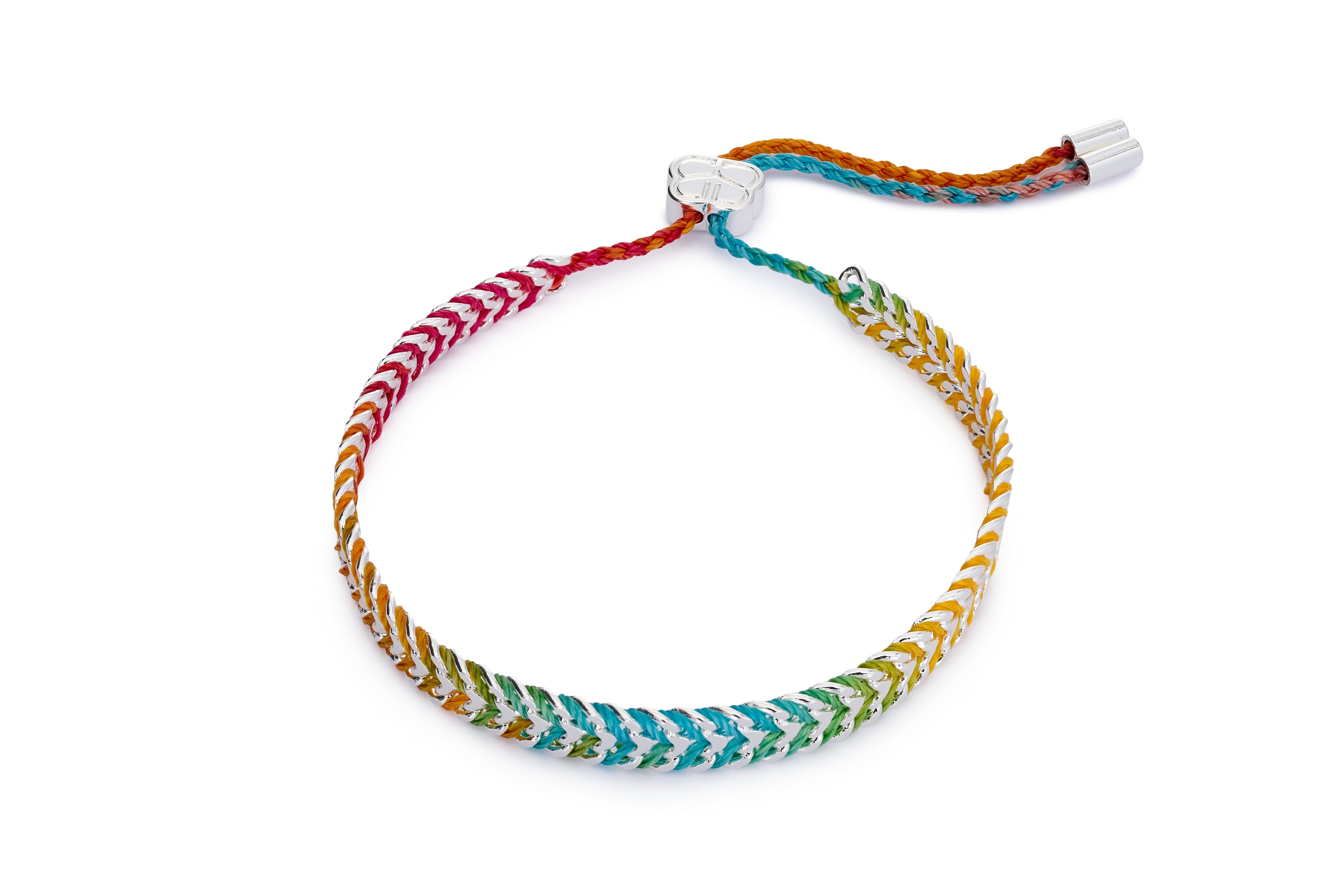 Iztac Moroccan Spice Silver Braided Bracelet featuring woven spice-coloured thread, silver-plated chain, and pull-through slider for adjustable fit.