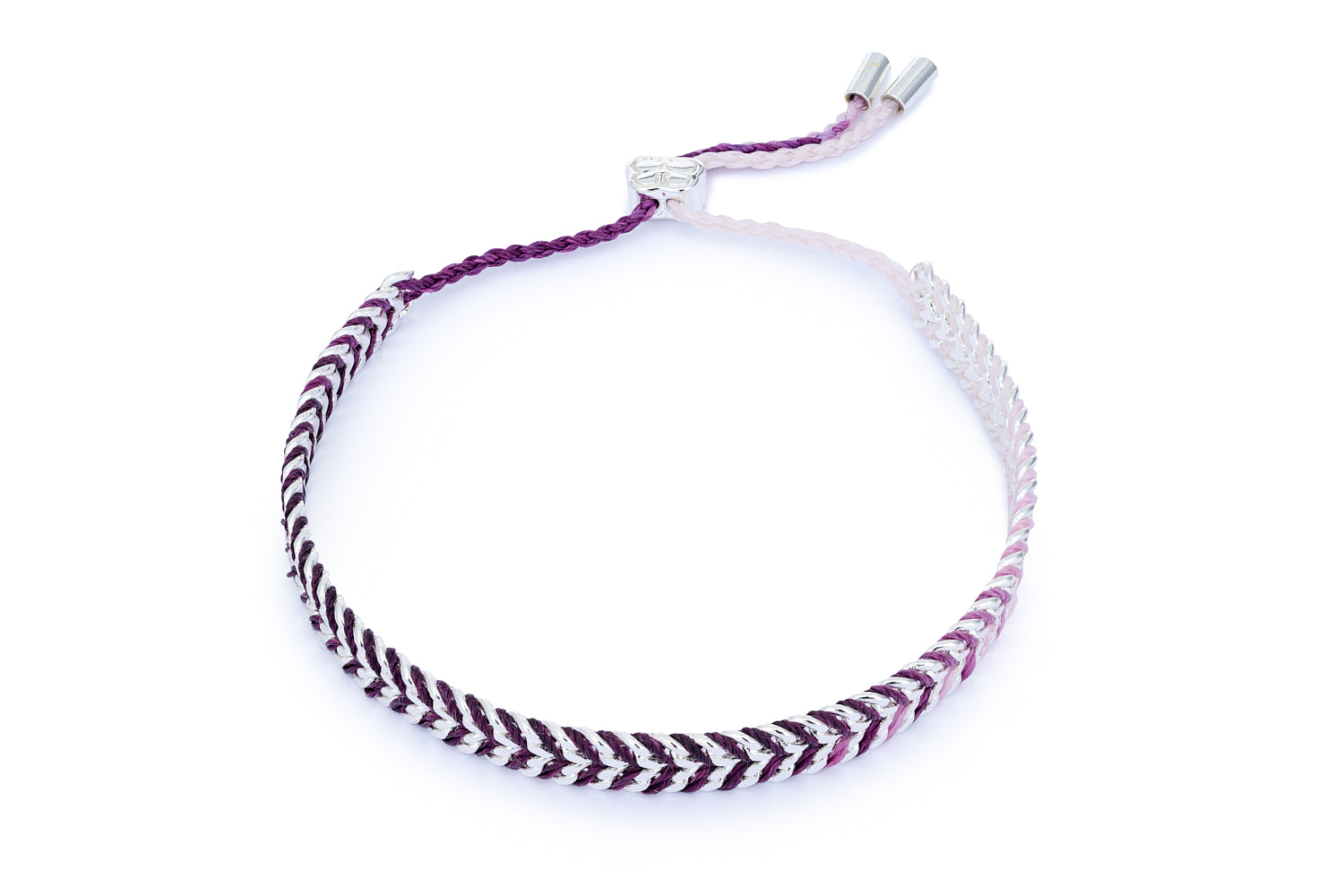 Iztac Silver & Purple Ombre Braided Bracelet with ombre purple threads, silver-plated chain, and an adjustable slider fastening.