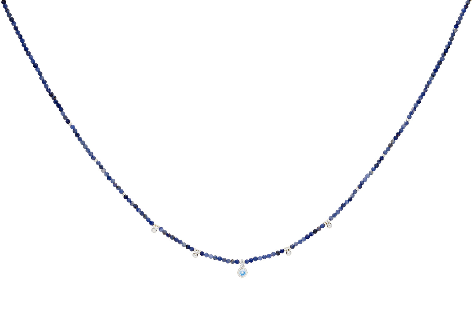 Jasmine Silver & Blue Aventurine Beaded Pendant Necklace featuring Blue Aventurine beads, a blue CZ pendant, and sterling silver-plated accents with an adjustable chain.