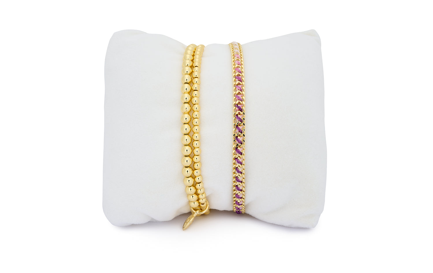 Jeju Purple & Gold Bracelet Stack featuring a woven ombré cord bracelet and two polished gold beaded stretch bracelets, designed for effortless layering and shine.