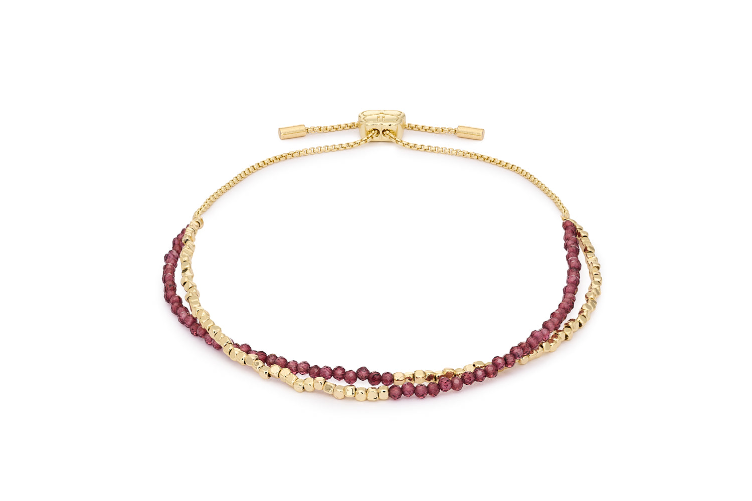 Juniper Garnet & Gold Double Strand Bracelet featuring faceted deep red garnet gemstones with 12k gold-plated brass accents and adjustable slider fit up to 26cm.