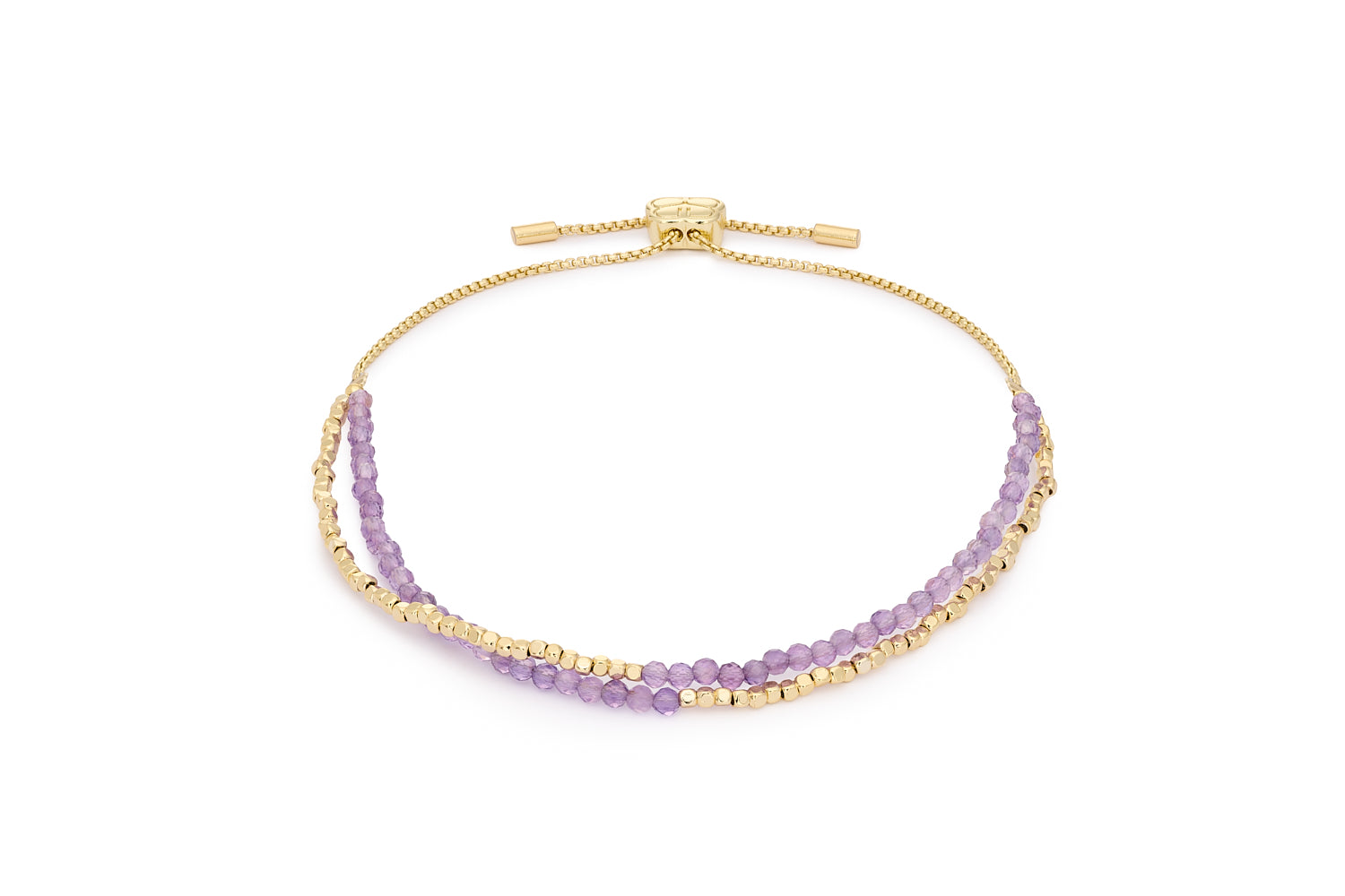 Juniper Gold & Amethyst Double Strand Bracelet with faceted purple gemstones and 12k gold-plated beads, featuring an adjustable slider chain.