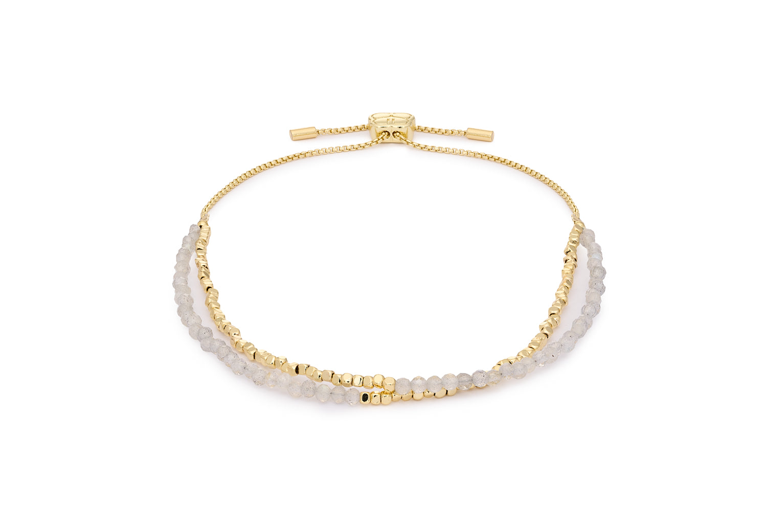 Juniper Gold & Labradorite Double Strand Bracelet with faceted grey gemstones and 12k gold-plated beads, featuring an adjustable slider chain.