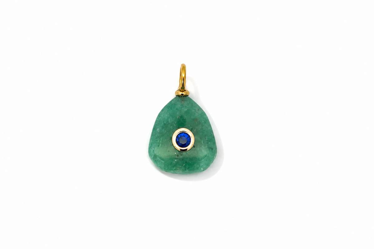 Kalis green strawberry quartz gemstone charm in gold, a waterproof collectable charm for a Boho Betty charm necklace