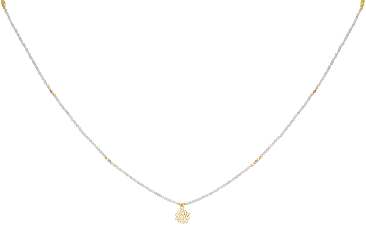 Labradorite & Amethyst Gold Crown Chakra Necklace featuring shimmering labradorite, calming amethyst, a 12k gold-plated crown chakra charm, and adjustable chain.