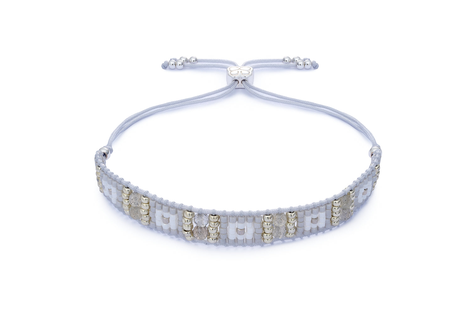 Leilie Labradorite & Silver Beaded Friendship Bracelet featuring smoky grey and iridescent labradorite beads, sterling silver-plated accents, and an adjustable slider fastening for a perfect fit.