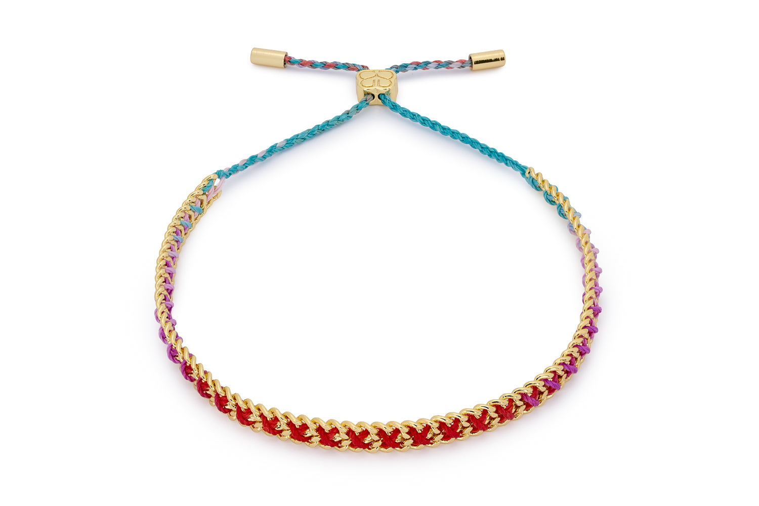 Lilia Gold & Moroccan Spice Boho Thread Bracelet featuring woven spice-hued thread and gold-plated chain detailing, with an adjustable slider fastening.